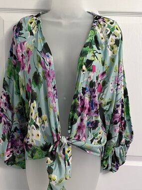 Oo La La Floral Watercolor Kimono Cardigan Tie Wrap Top